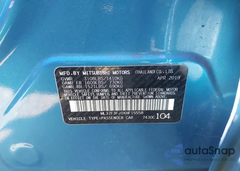 2019 Mitsubishi Mirage G4 Es из США, поврежденный, VIN ML32F3FJ1KHF15558